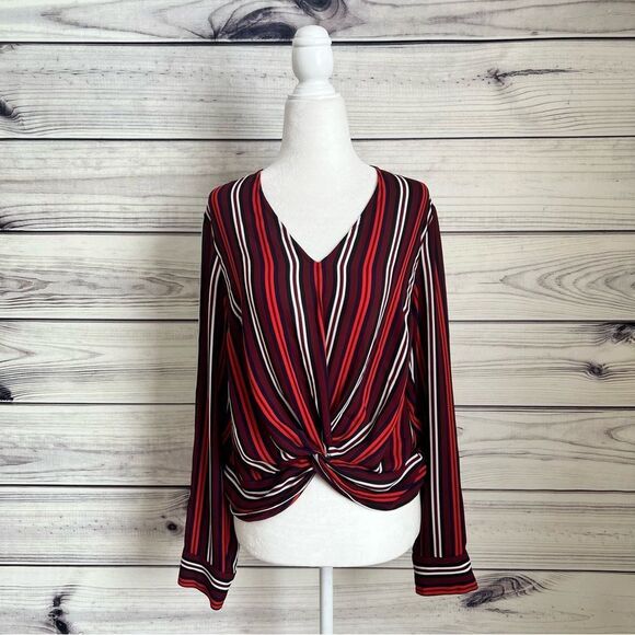 Express Burgundy & Red Striped Twist Front Blouse - Picture 1 of 8